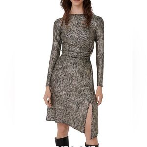 Maje Rilex Metallic Long Sleeve Gathered Side Cutout Dress Size Medium (38)